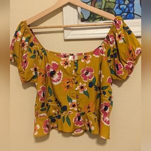 True Destiny floral shirt large crop top off shoulder mustard